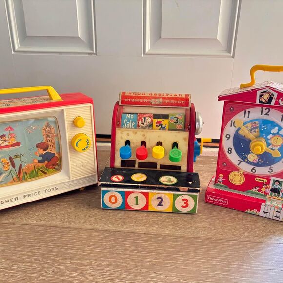 Lot of 3 Fisher Price Vintage Toys Music Box Clock Cash Register TV - Picture 1 of 6